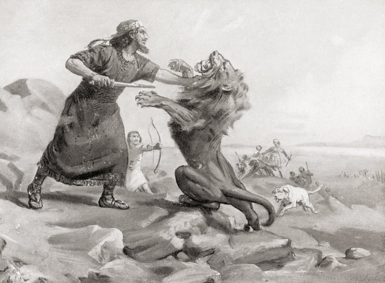Tiglath-Pileser die een leeuw afslacht, uit Hutchinson