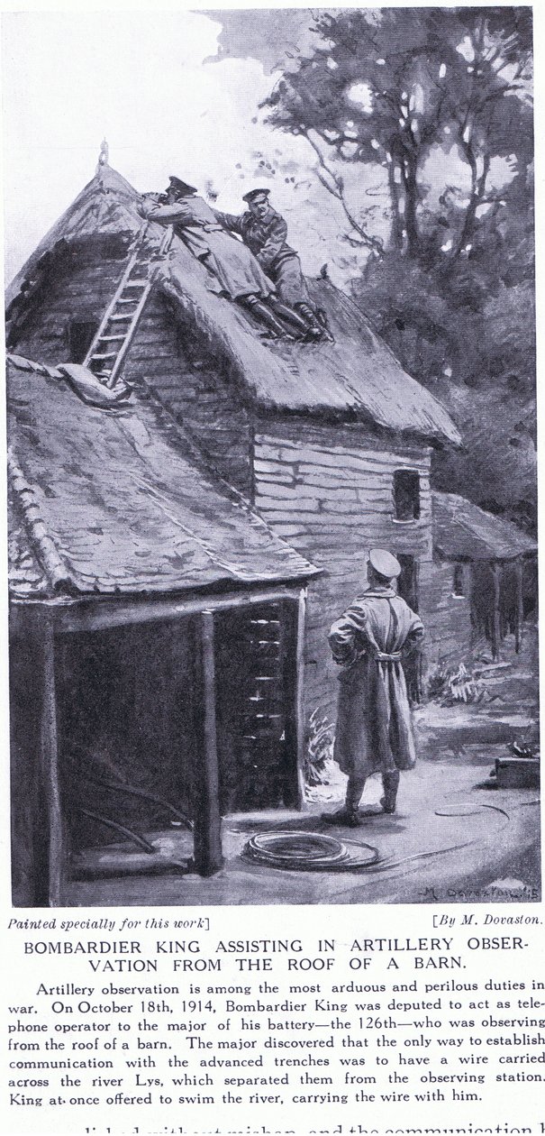 Bombadier King assisteert bij artillerie observaties vanaf het dak van een schuur aan de overkant van de Leie oktober 1914 (litho) door Margaret Dovaston