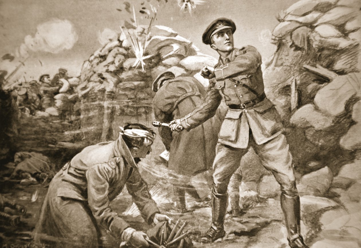 Kapitein Vickers houdt de vijand op afstand terwijl achter hem een barrière wordt opgebouwd (litho) door Margaret Dovaston