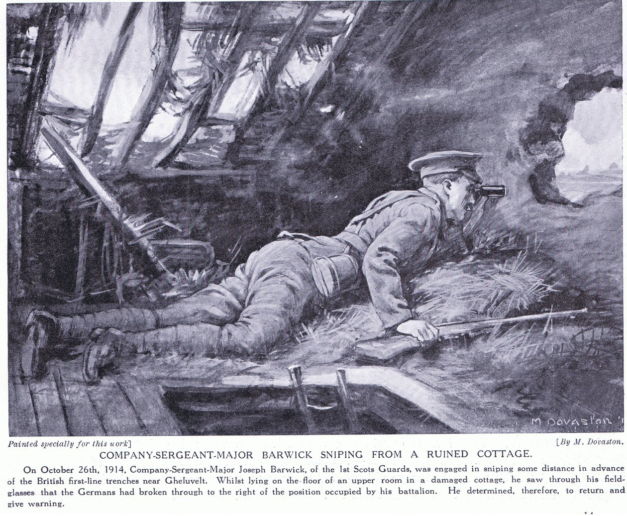 Sergeant-majoor Barwick sluipt vanuit een vervallen huisje bij Ghehuvelt oktober 1914 (litho) door Margaret Dovaston