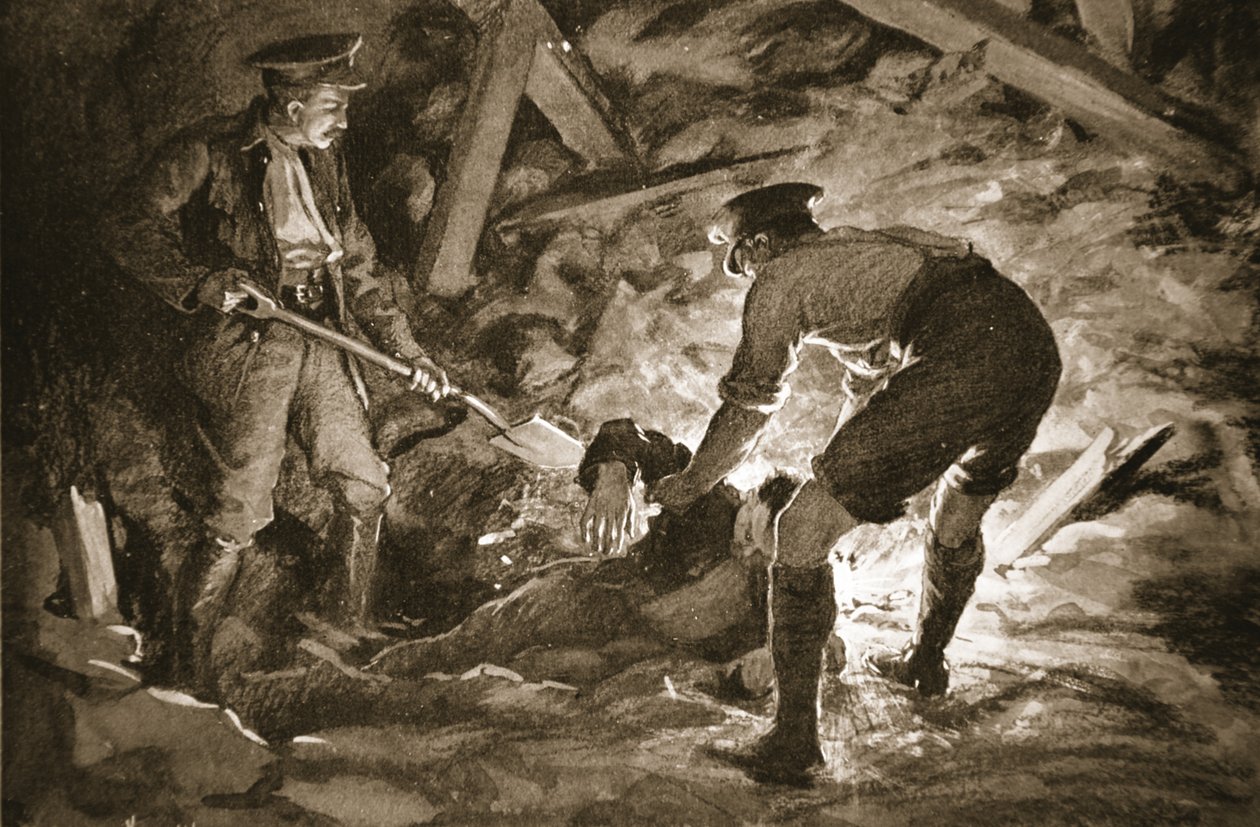 Korporaal J. McCartney graaft, met de hulp van een kameraad, een mijnwerker uit die bedolven is door een mijnexplosie (litho) door Margaret Dovaston