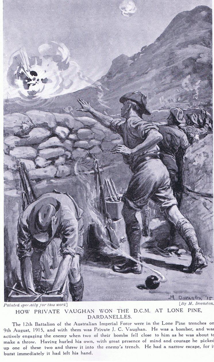 Hoe soldaat Vaughan het DCM won bij Lone Pine Dardanellen augustus 1915 (litho) door Margaret Dovaston