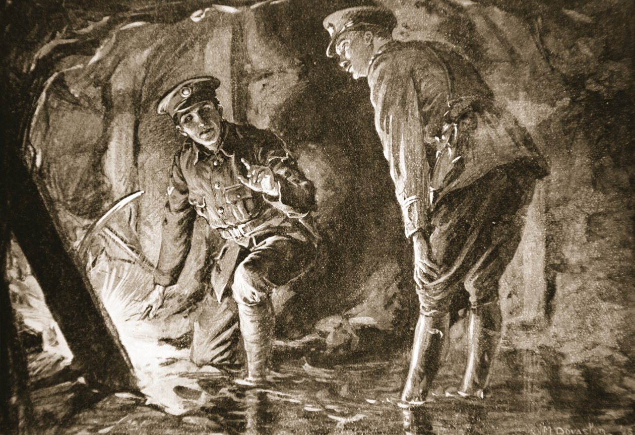 Lance-Corporal Evason en een officier luisteren naar Duitsers in een tegenmijn (litho) door Margaret Dovaston