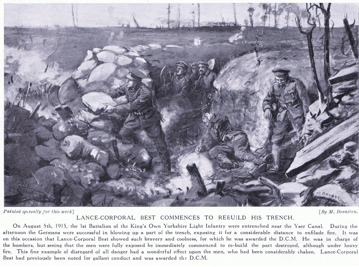 Korporaal Best onderscheiden met DCM voor het heropbouwen van zijn loopgraaf bij het IJzerkanaal onder zwaar vuur in augustus 1915 (litho) door Margaret Dovaston
