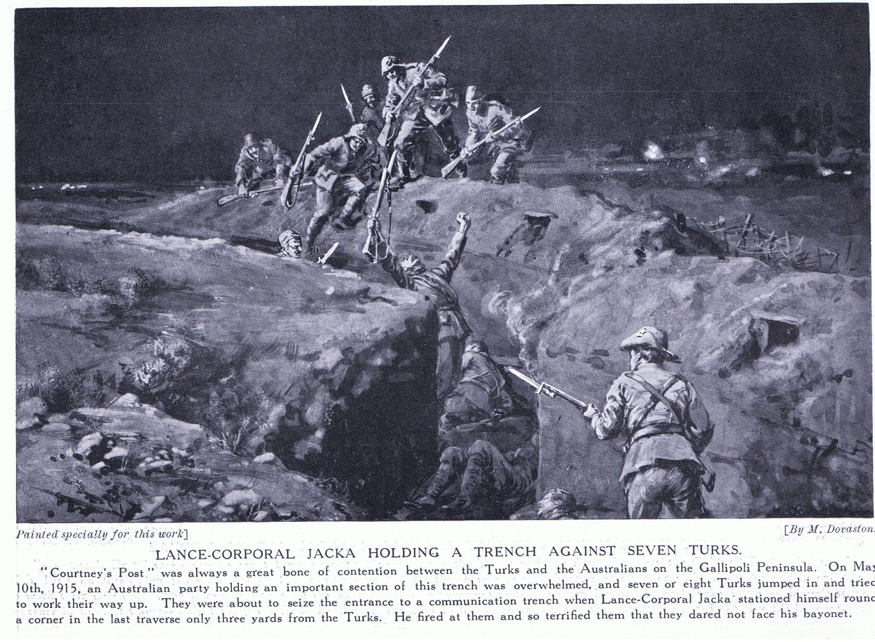 Korporaal Jacka wint een VC door te laten zien hoe één man zeven kan verslaan mei 1915 (litho) door Margaret Dovaston