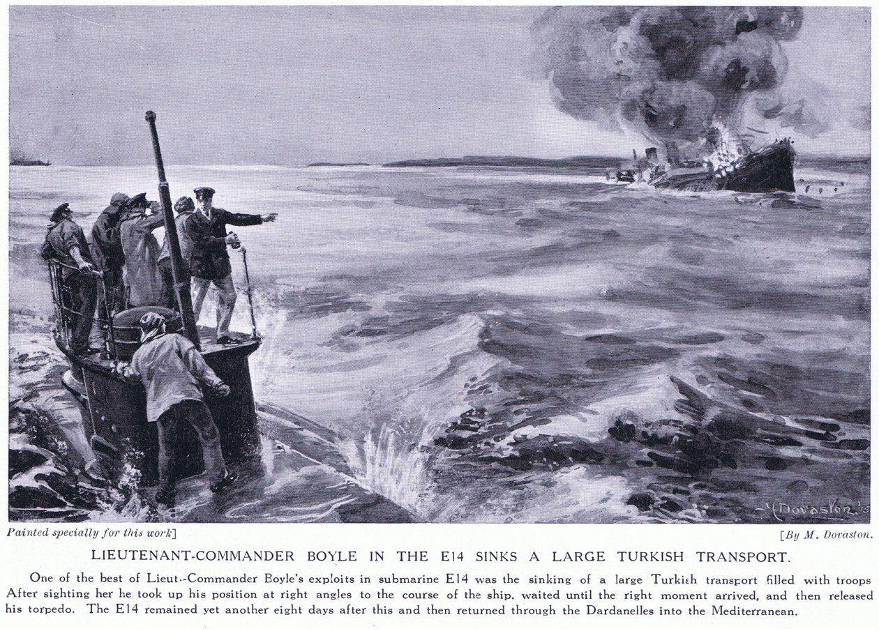 Luitenant Commandant Boyle in de E14 brengt een groot Turks transport tot zinken 1915 (litho) door Margaret Dovaston