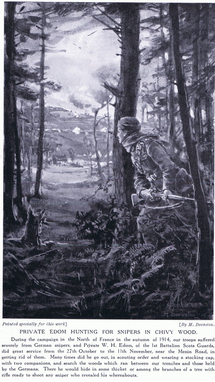 Soldaat Edom op jacht naar sluipschutters in Chivy Wood, herfst 1914 (litho) door Margaret Dovaston