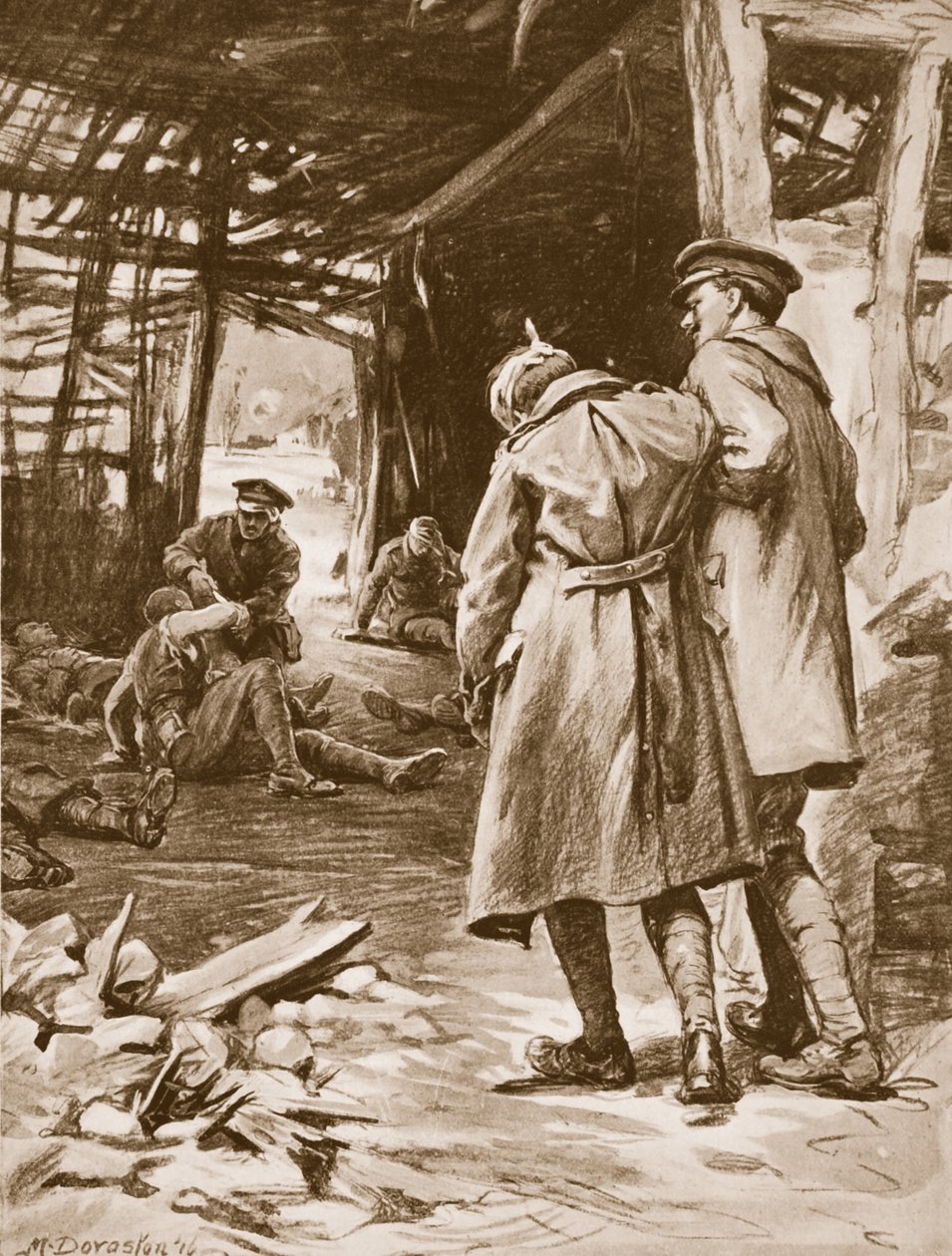 Soldaat J.S. Kerr verleent eerste hulp aan gewonden bij een zwaar beschoten boerderij (litho) door Margaret Dovaston