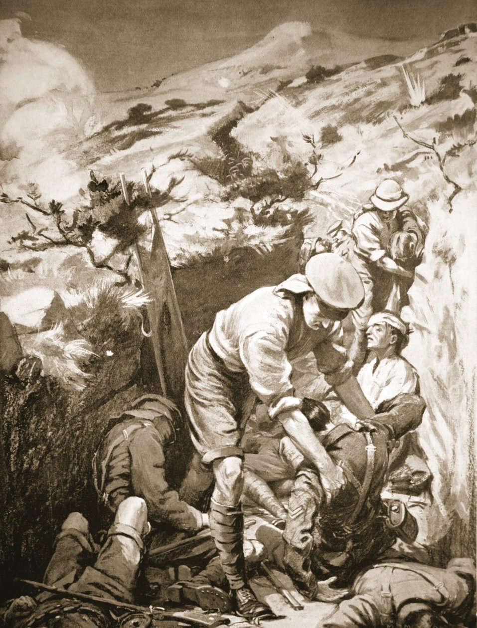Soldaten Druall en Smith ruimen de gewonden op van een sap dat onbeschermd was en blootgesteld aan zwaar vuur (litho) door Margaret Dovaston