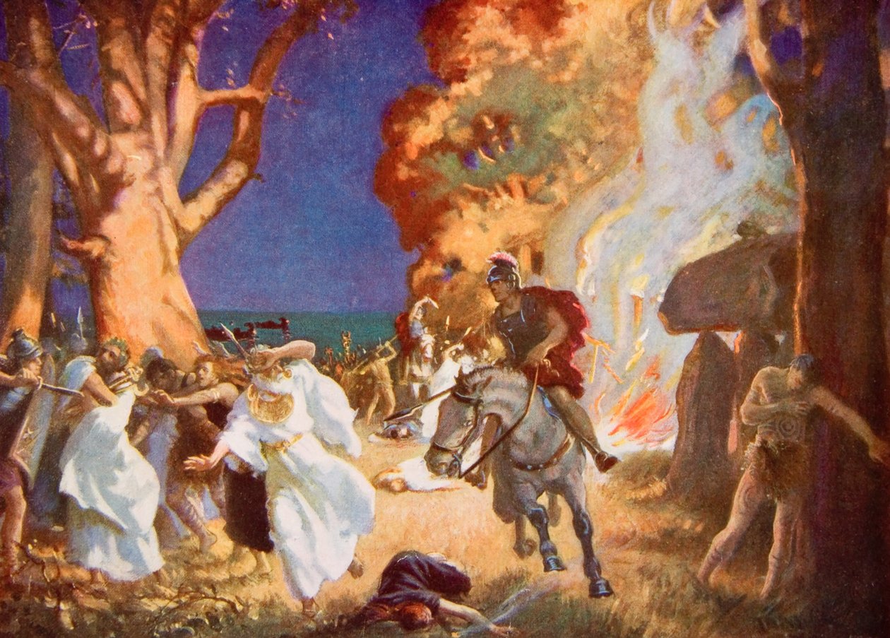 De slachting van druïden in Anglesey door de Romeinen in 60 na Christus, illustratie uit 