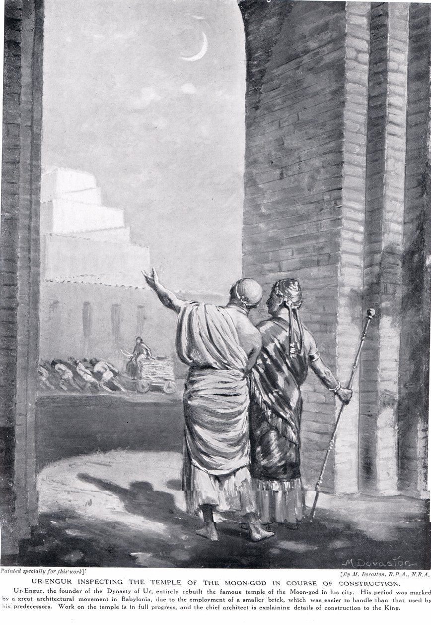 Ur-Engur inspecteert de Tempel van de Maangod tijdens de bouw, illustratie uit 