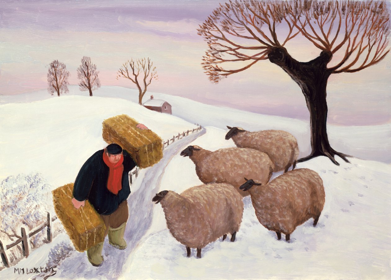 Hooi naar de schapen brengen in de winter door Margaret Loxton