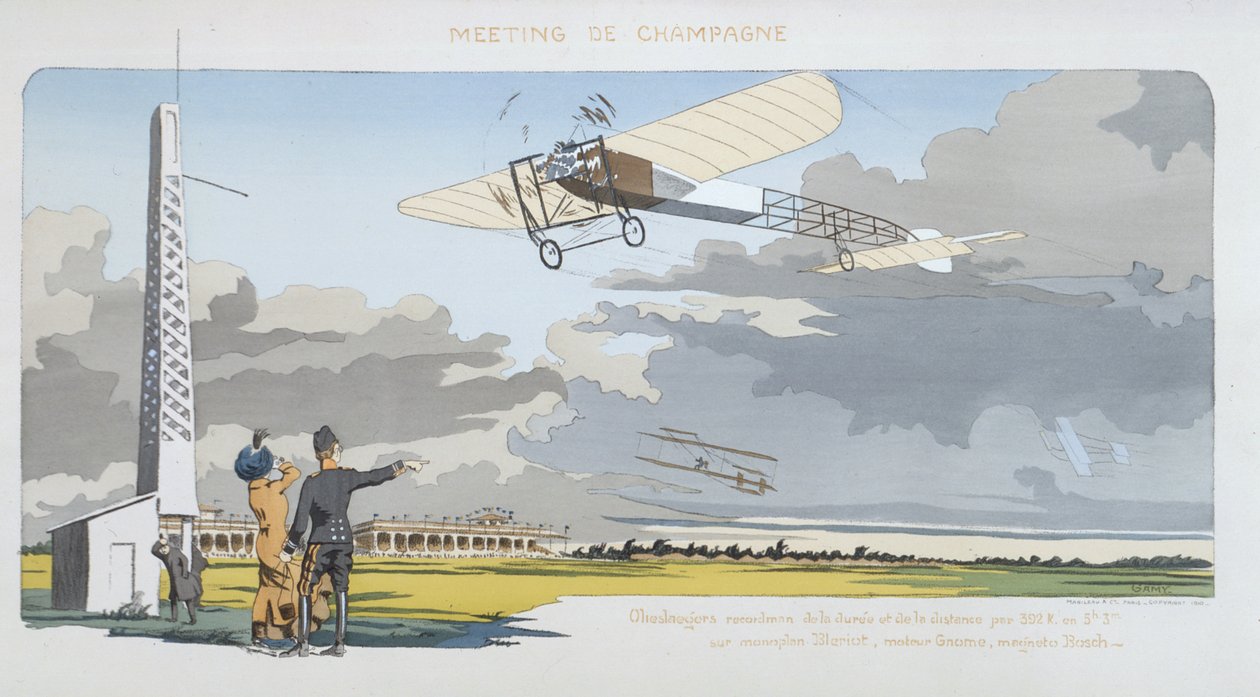 Luchtvaartbijeenkomst in Champagne, gepubliceerd door Mabileau, Parijs, 1910 door Marguerite Montaut