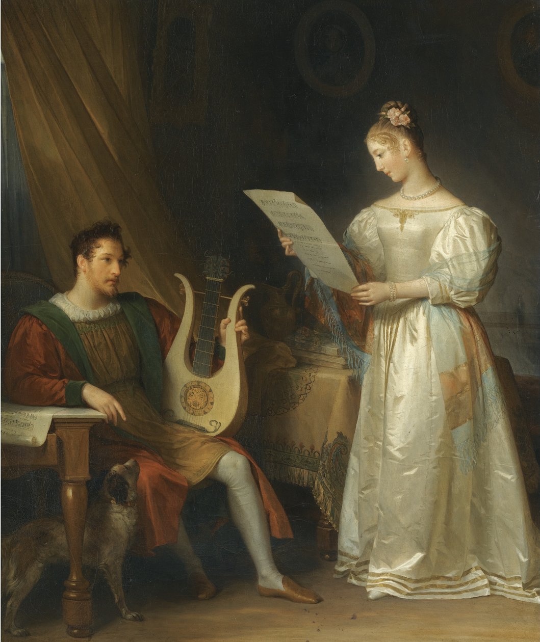 Interieur met een man met een lier en een vrouw met een muziekpartituur door Marguerite Gerard