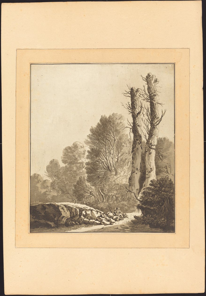 Landschap met Twee Bomen door Maria Catharina Prestel after Herman Saftleven