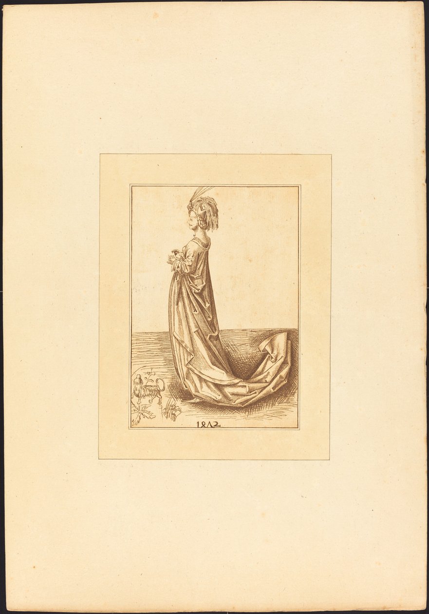 Een dame in een lange jurk door Maria Catharina Prestel after Martin Schongauer