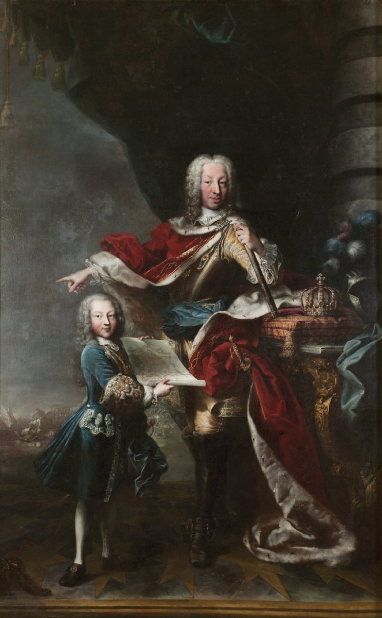 "Victor Amadeus III toont als kind aan zijn vader Karel Emmanuel III van Savoye de plattegrond van het kasteel van Milaan. portret van Karel Emmanuel III en Victor Amadeus III van Savoye". door Maria Giovanna Clementi