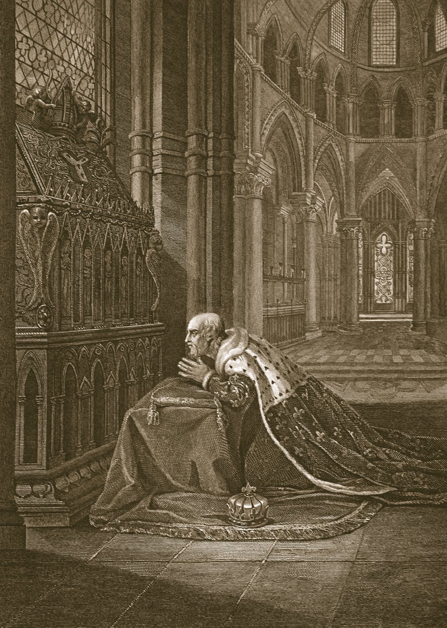 Lodewijk VII, koning van Frankrijk, voor het graf van Beckett, gegraveerd door W. Sharp, illustratie uit David Hume