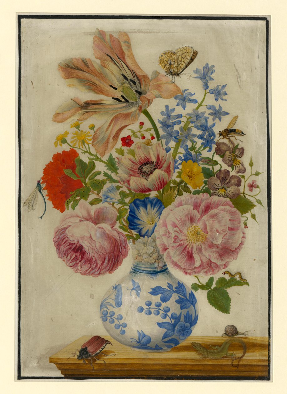 Chinese vaas met rozen, papavers en anjers door Maria Sibylla Merian