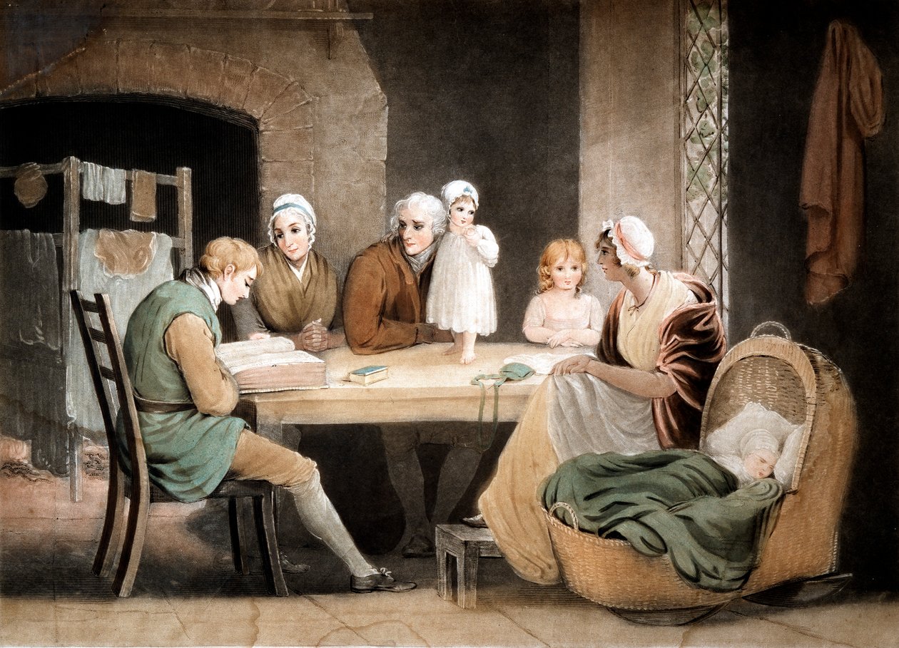 Drie generaties luisteren naar een lezing uit de familie Bijbel door Maria Spilsbury