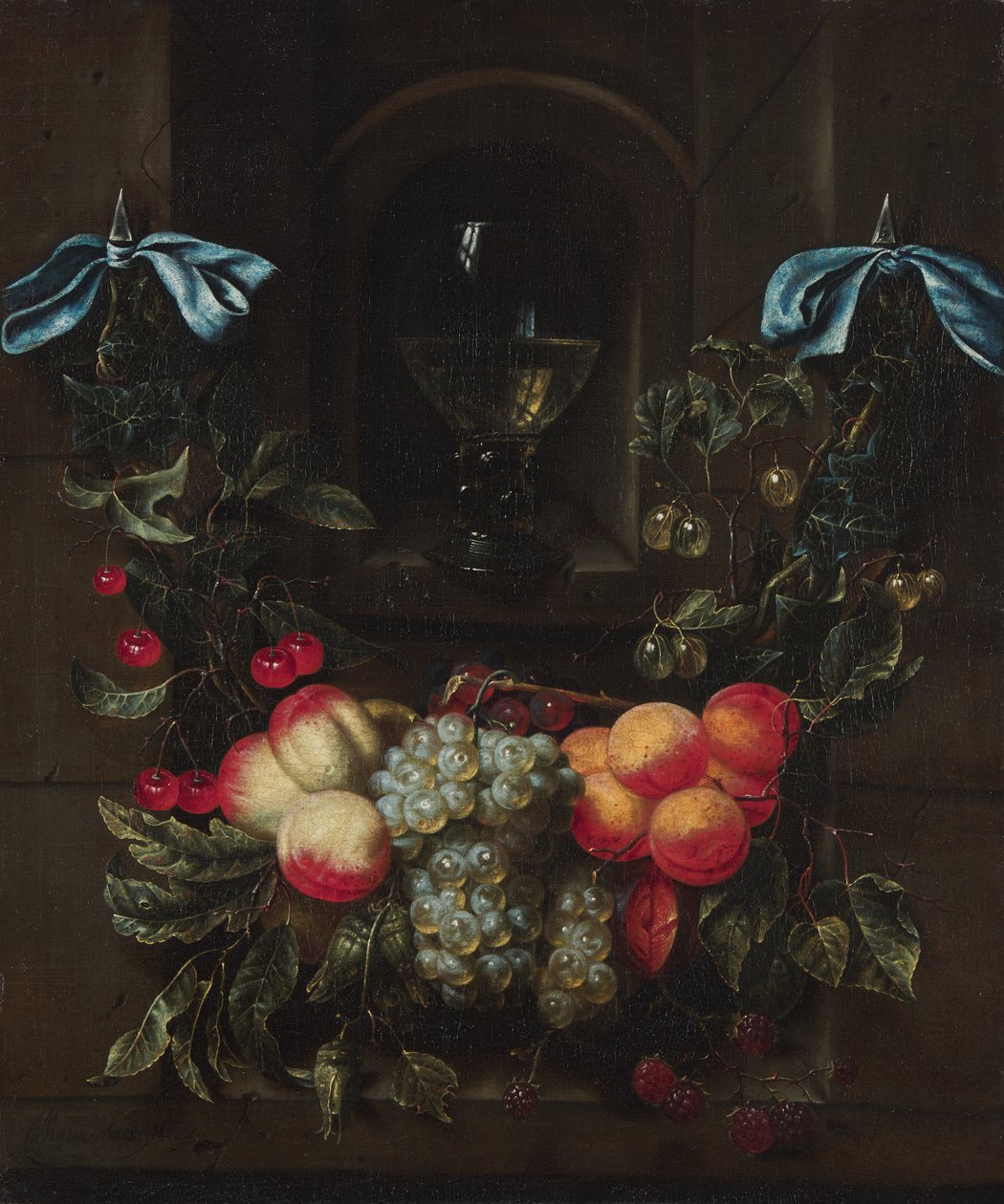 Stilleven met een krans van fruit door Maria Tassaert