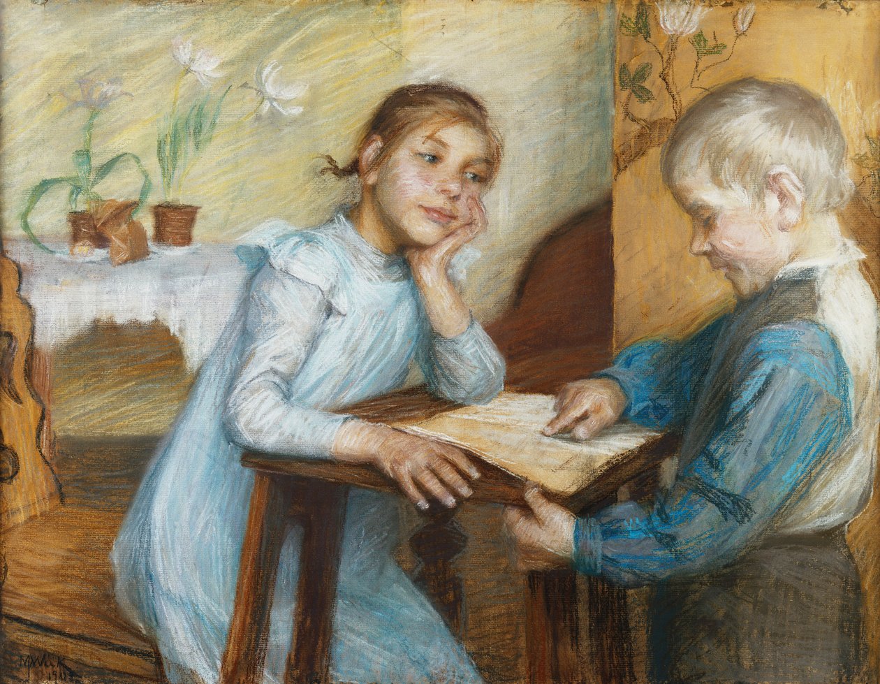Een Interieur met een Jongen die Leest aan een Meisje, 1912 door Maria Wiik