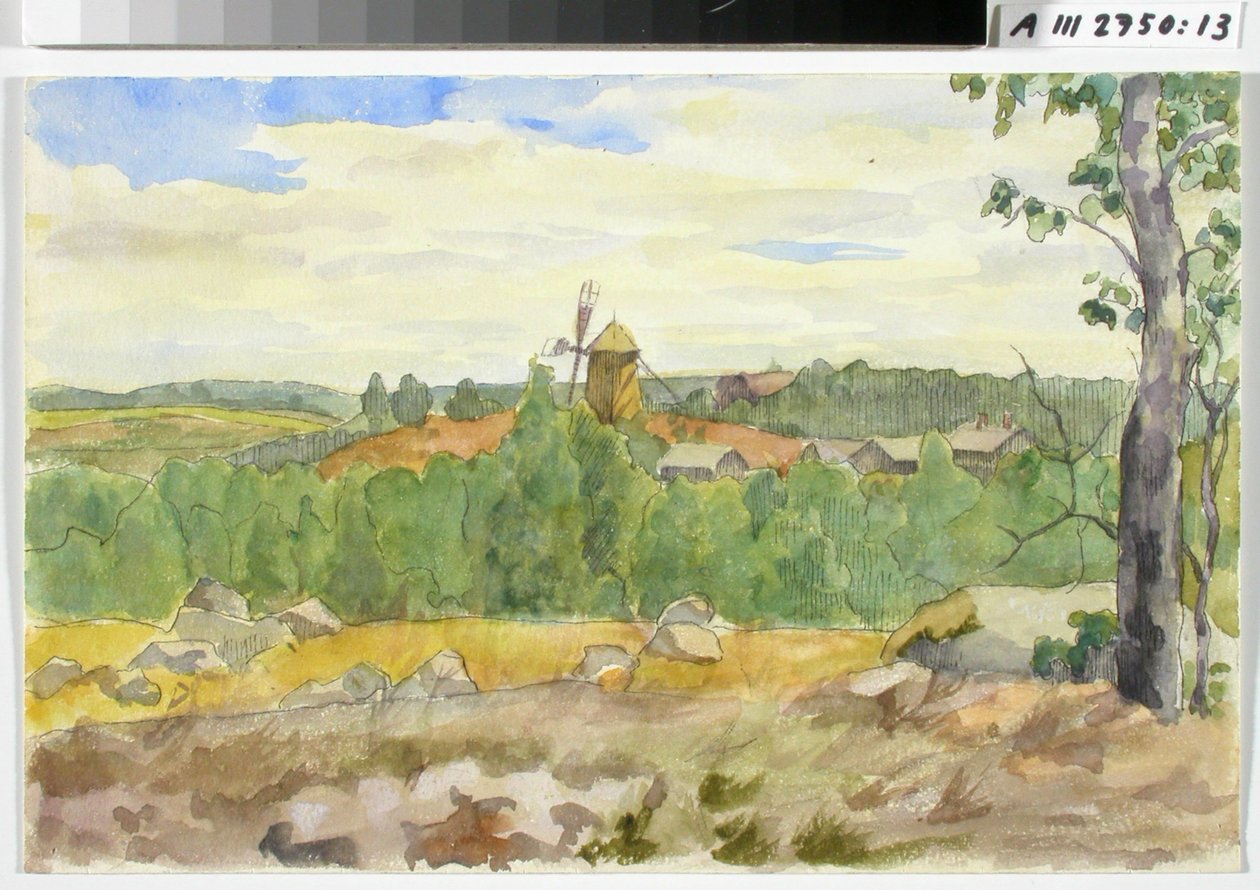 Landschapsstudie met windmolen door Maria Wiik