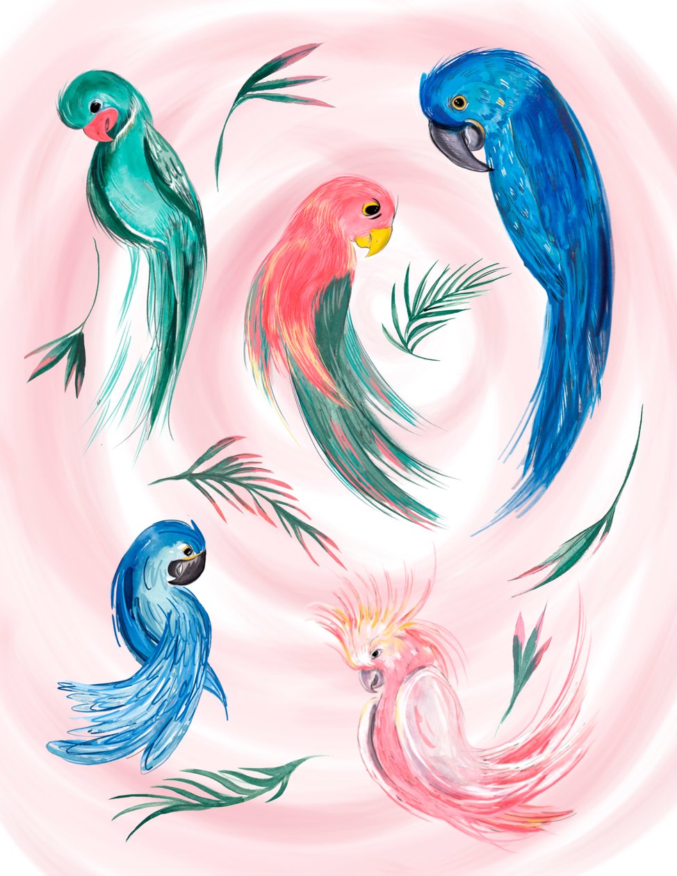 Tropische vogelspiraal, 2019 (aquarel op papier) door Marianna Kulukundis