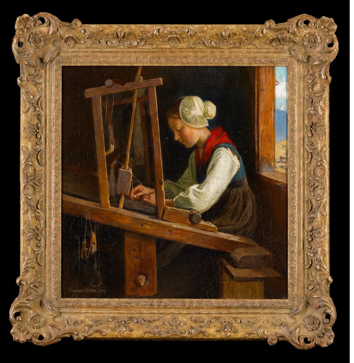 De wever: een huisweefgetouw in de Oostenrijkse Alpen, 1917 door Marianne Stokes