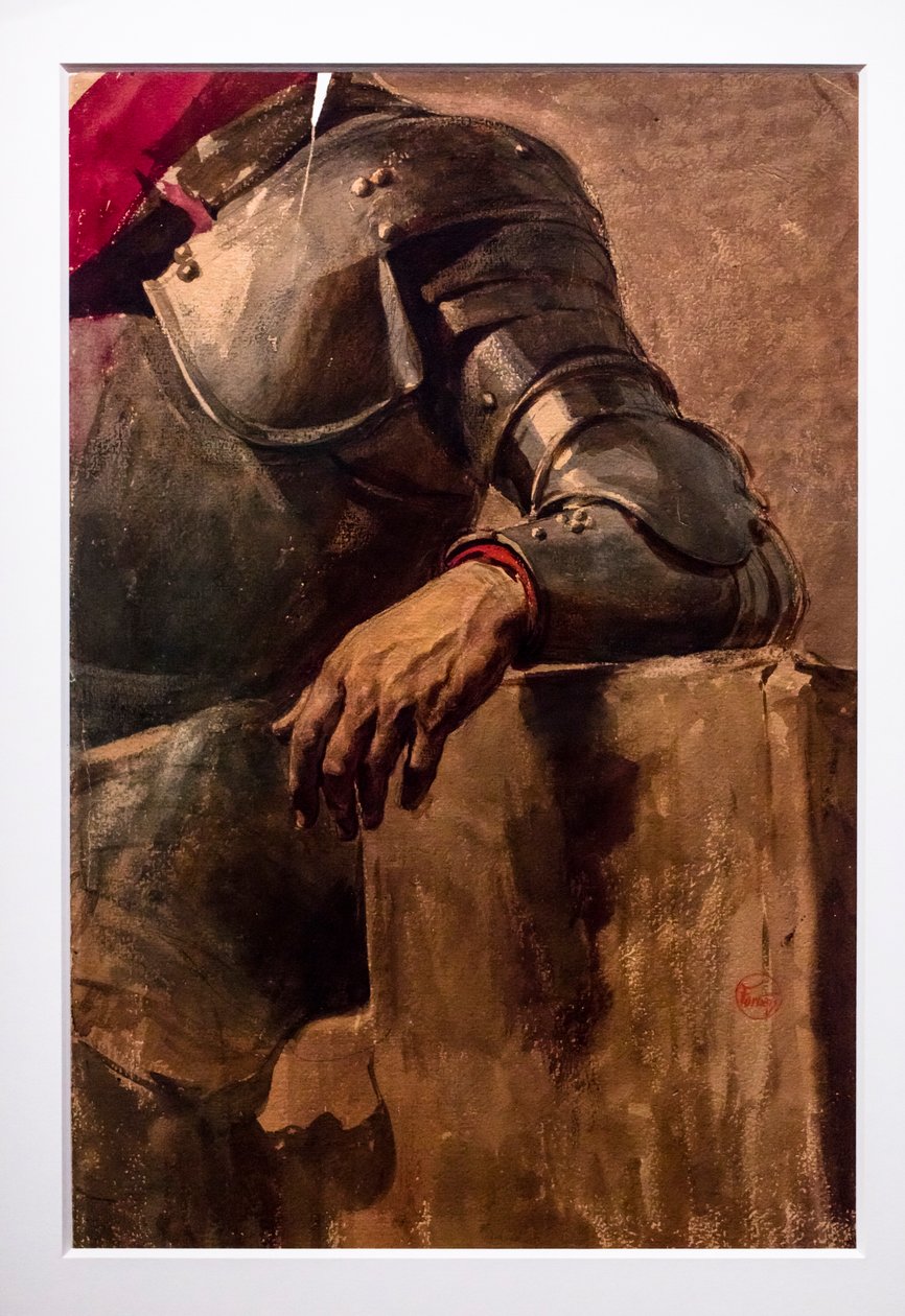Studie van linkerhand en harnas, circa 1866 (aquarel op karton) door Mariano Fortuny