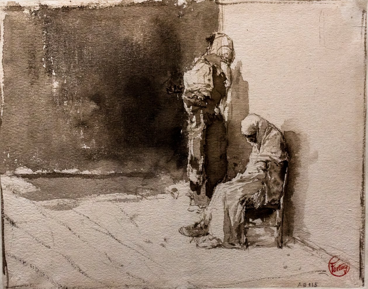 Twee Arabische bedelaars op een straathoek (inktwas op papier) door Mariano Fortuny