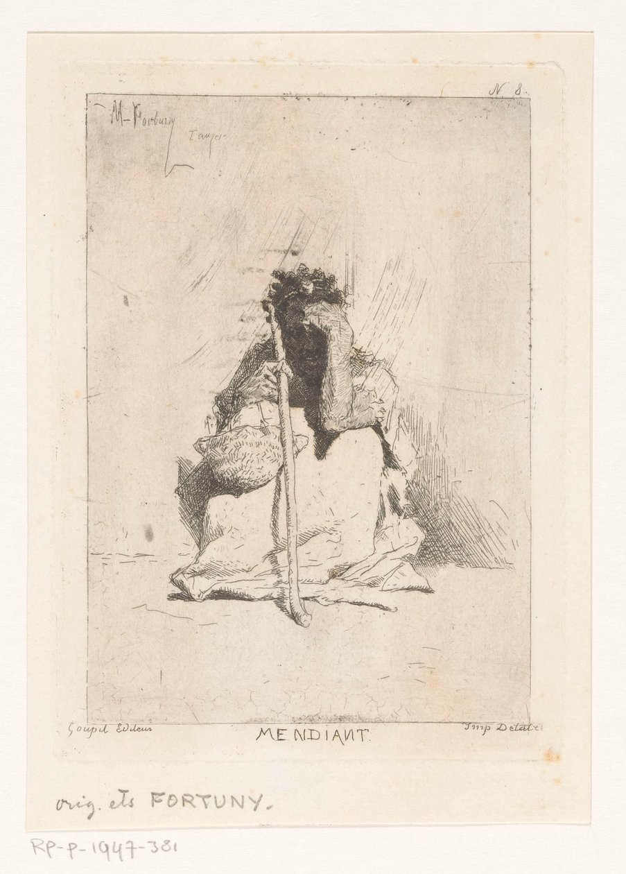 Zittende bedelaar met stok door Mariano José María Bernardo Fortuny y Carbó