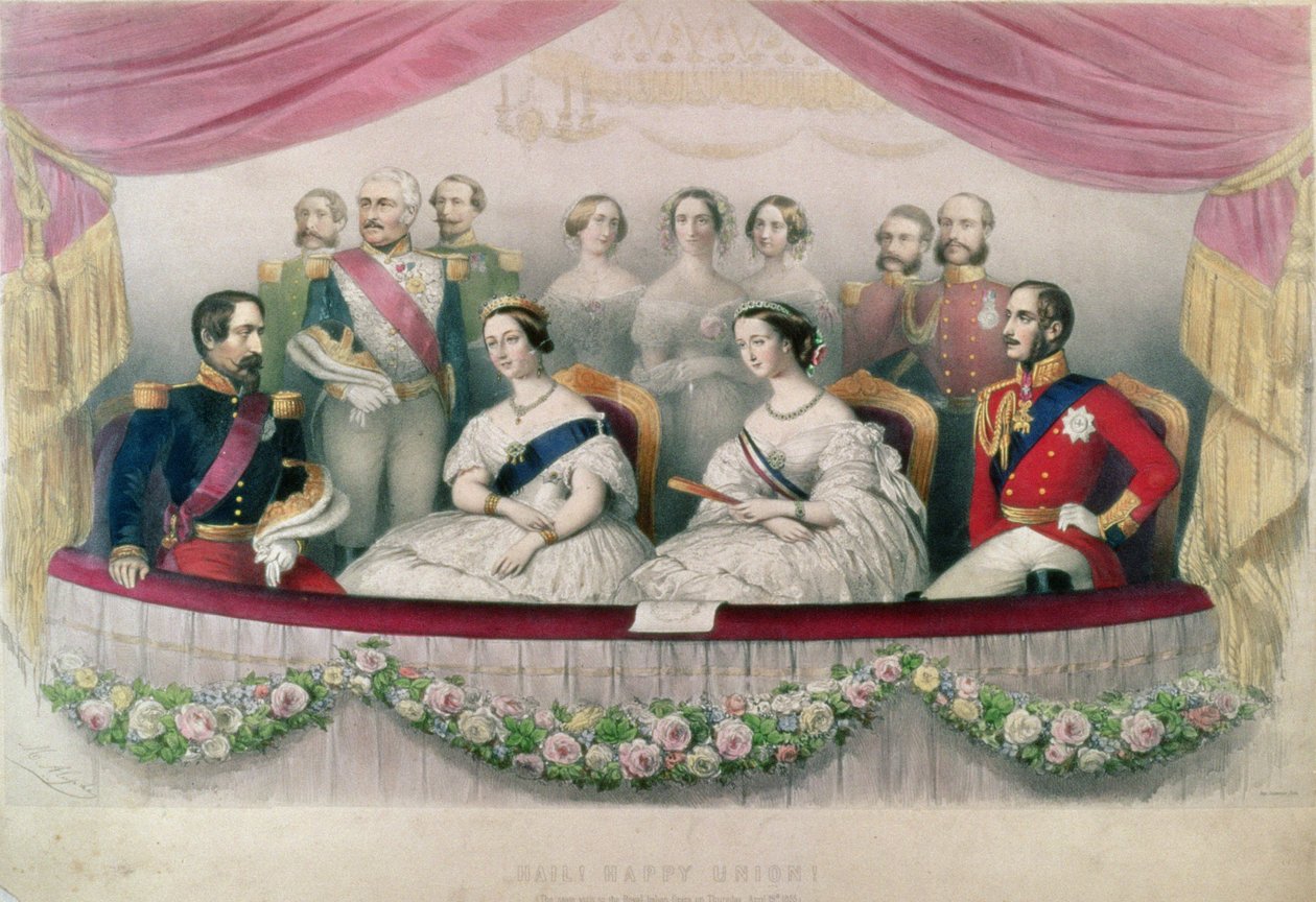 Hail Happy Union, het staatsbezoek aan de Royal Italian Opera door koningin Victoria, prins Albert en de keizer en keizerin van Frankrijk, 1855 door Marie Alexandre Alophe