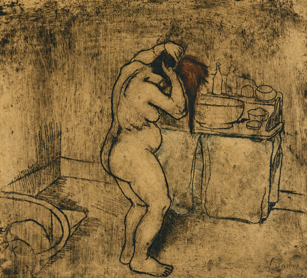 Catherine Naakt Haar Haar Kammend, 1895 door Marie Clementine Valadon