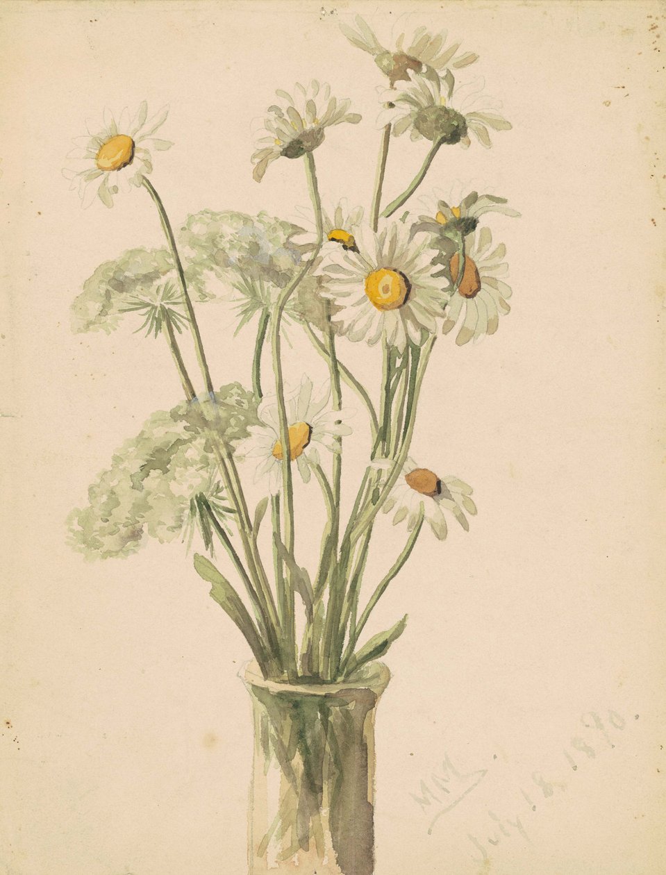Madeliefjes en wilde peen in een vaas, 1890 door Marietta Minnegerode Andrews