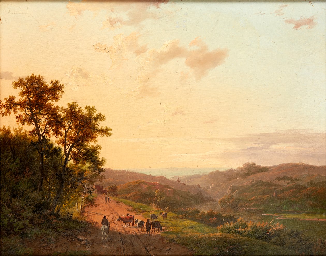Herders en hun vee op een landweg, met een verre landschap door Marinus Adrianus Koekkoek