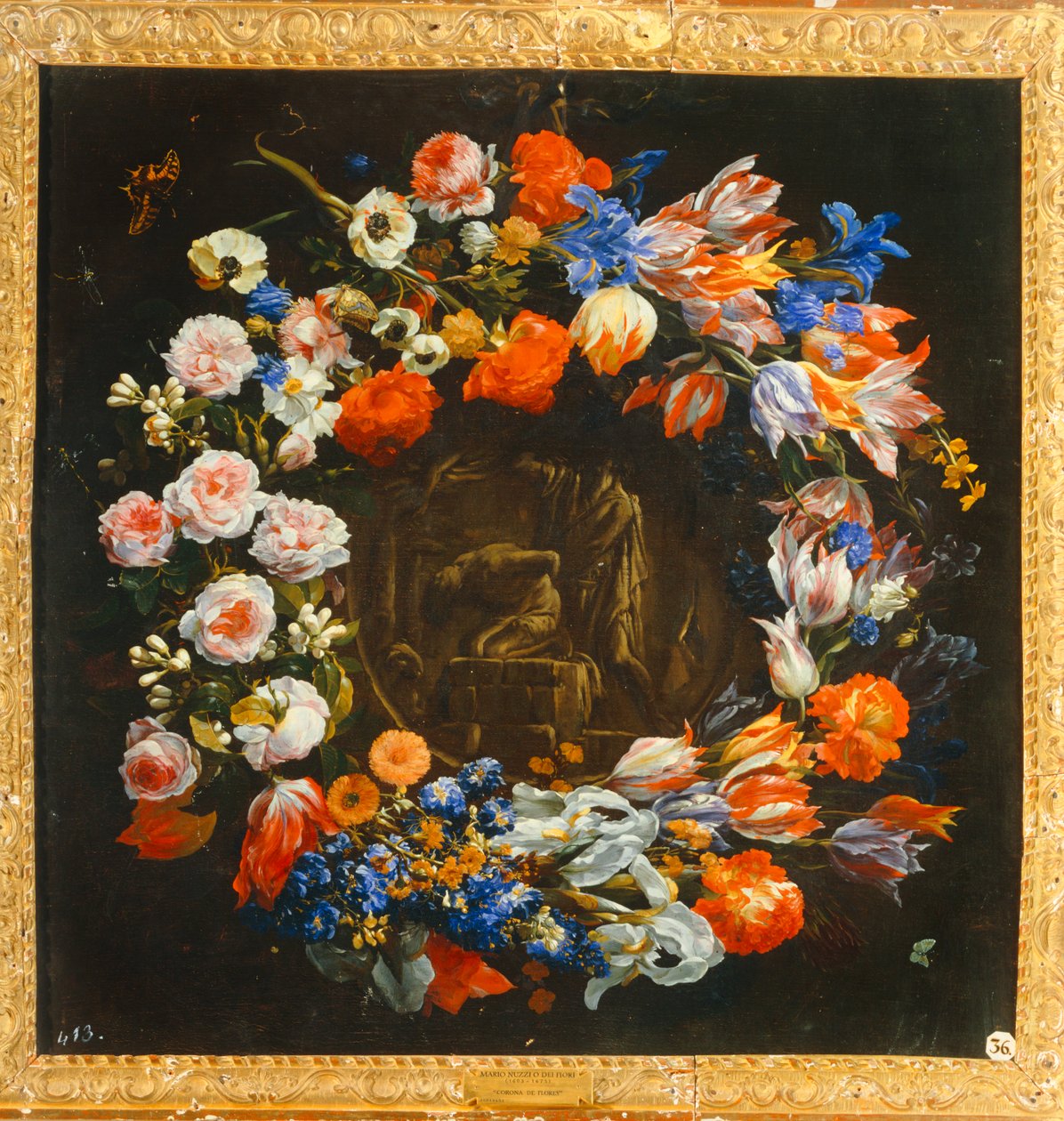 Bloemenkrans met in het midden het offer van Isaac door Mario (follower of) Nuzzi