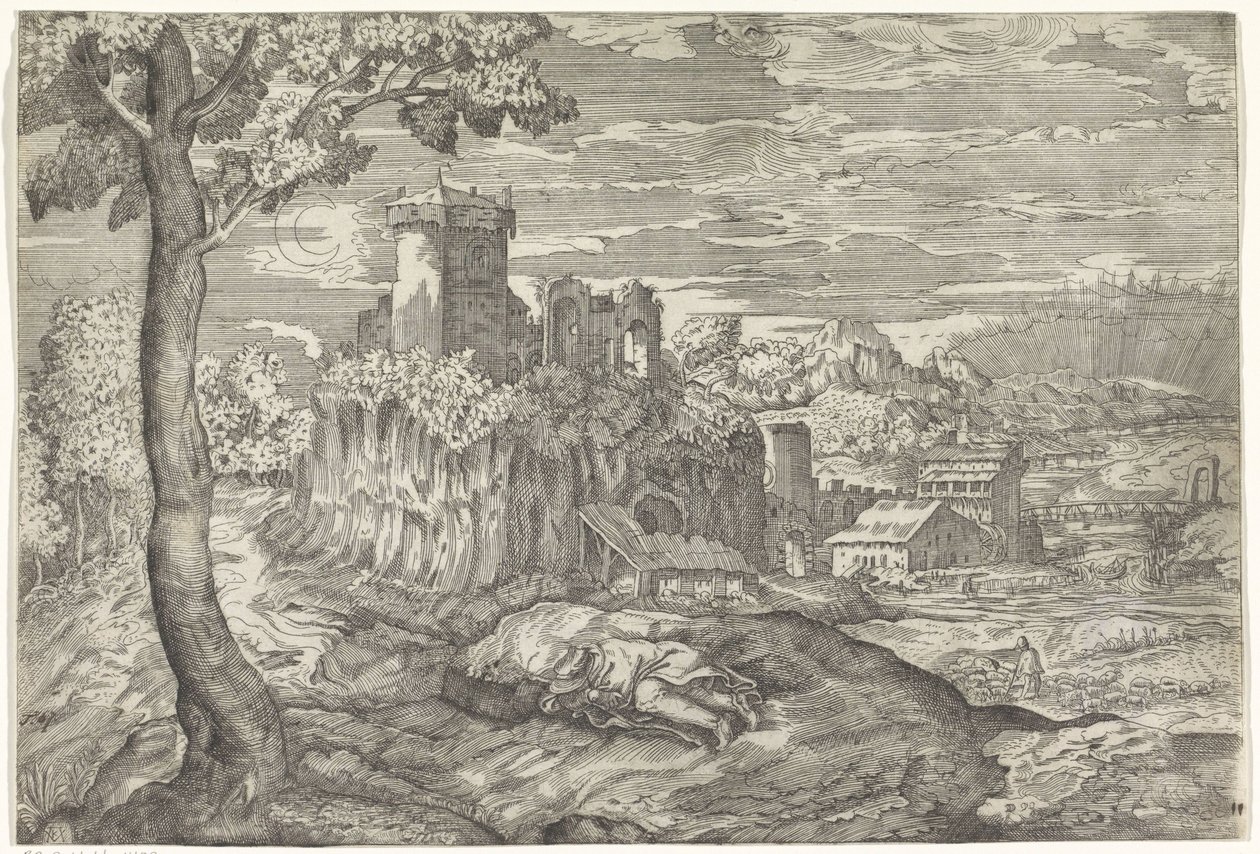 Landschap met ruïne van kasteel door Mario Cartaro