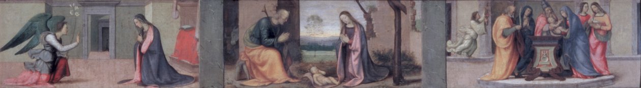 De Aankondiging; De Geboorte; De Presentatie in de Tempel, predellapaneel bij De Visitatie van St. Elizabeth aan de Madonna, 1503 door Mariotto Albertinelli