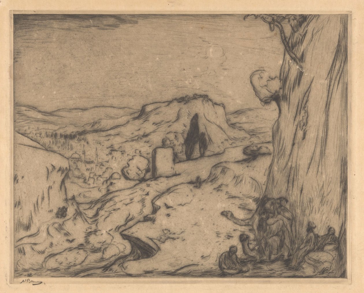 Gezicht op een oosterse stad in een dal door Marius Bauer (signed by artist)
