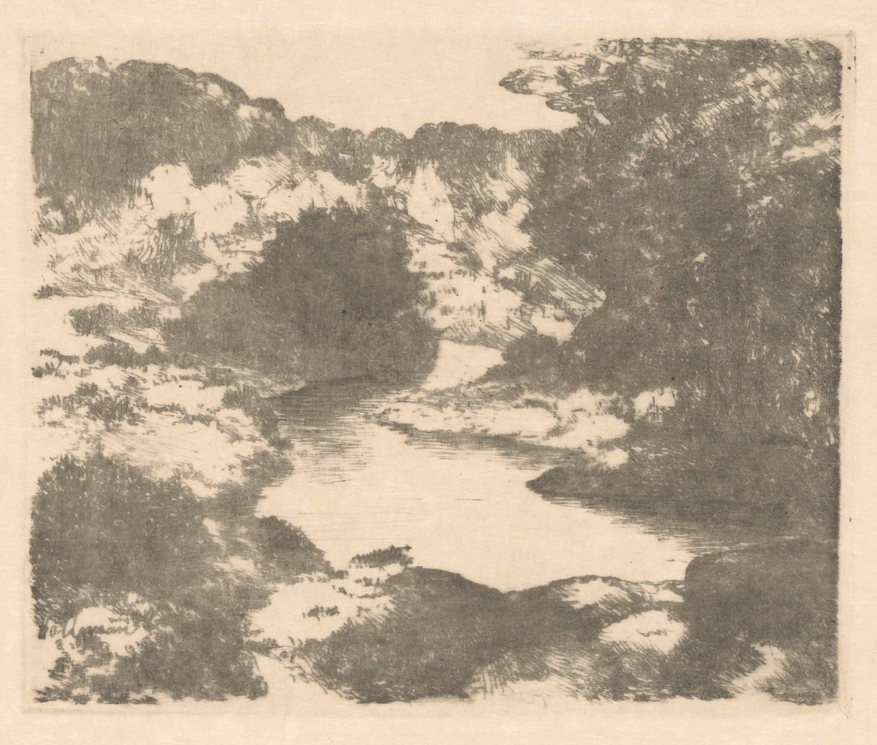 Heuvellandschap met rivier door Marius Holleman