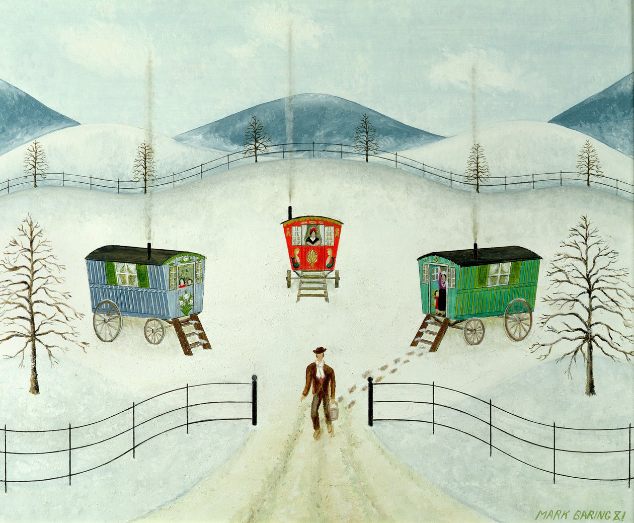 Woonwagens in de sneeuw door Mark Baring