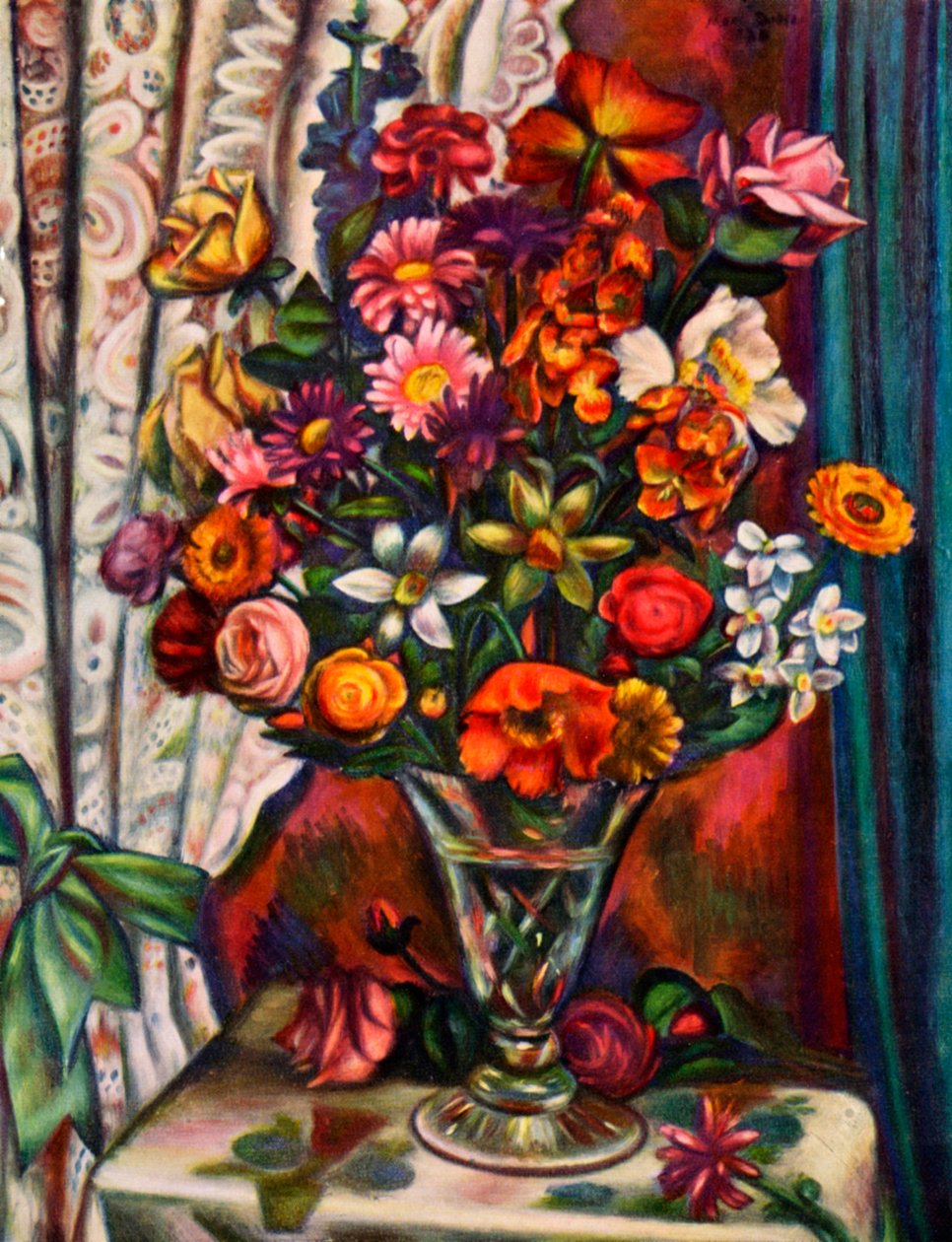 Stilleven van bloemen in een zilveren vaas door Mark Gertler
