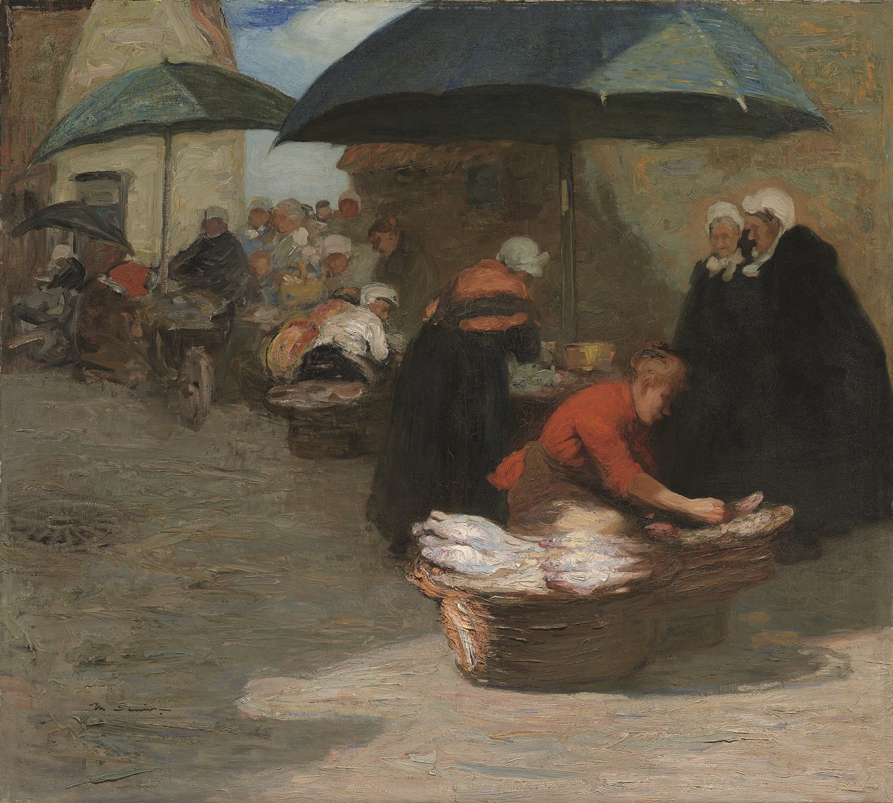 Een Vlaamse vismarkt (olieverf op doek) door Mark Senior