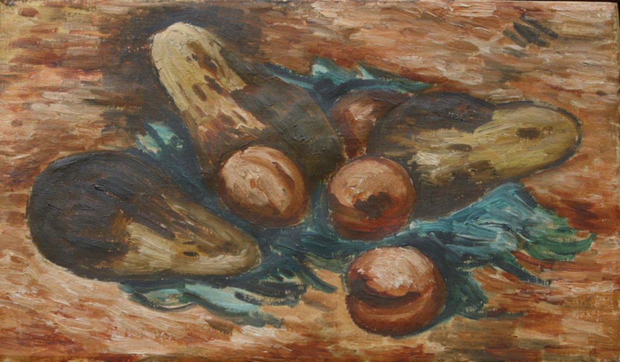 Aubergines en granaatappels door Marsden Hartley