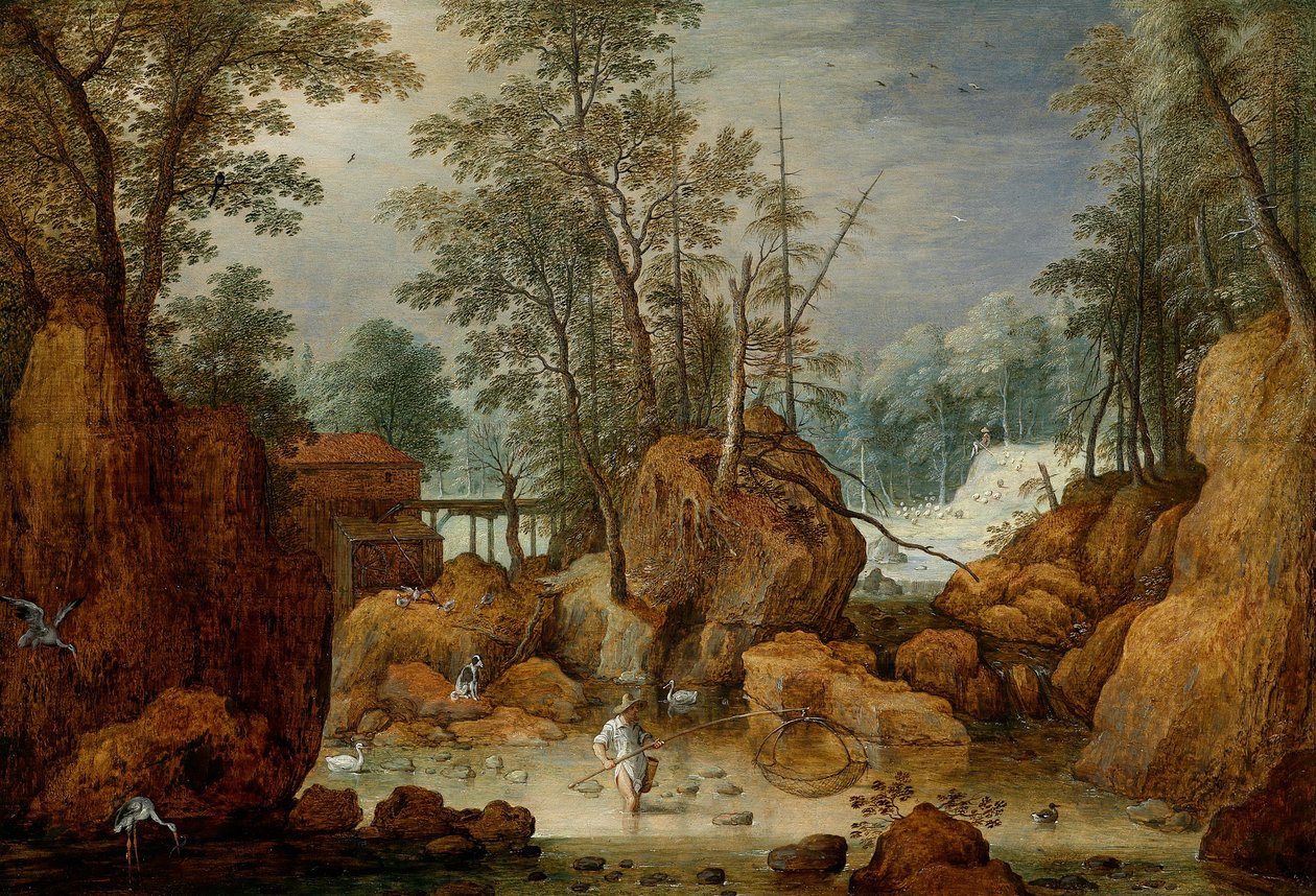 Een visser in een rivier in een bosrijk landschap door Marten Ryckaert