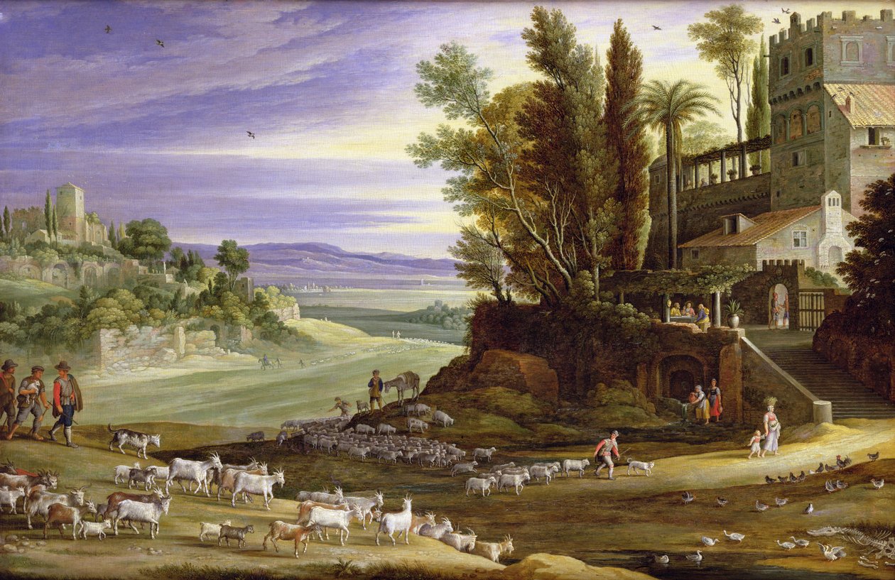 Landschap met herders en het avondmaal in Emmaüs door Marten Ryckaert