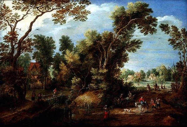 Bebost Rivierlandschap met Figuren door Marten Ryckaert