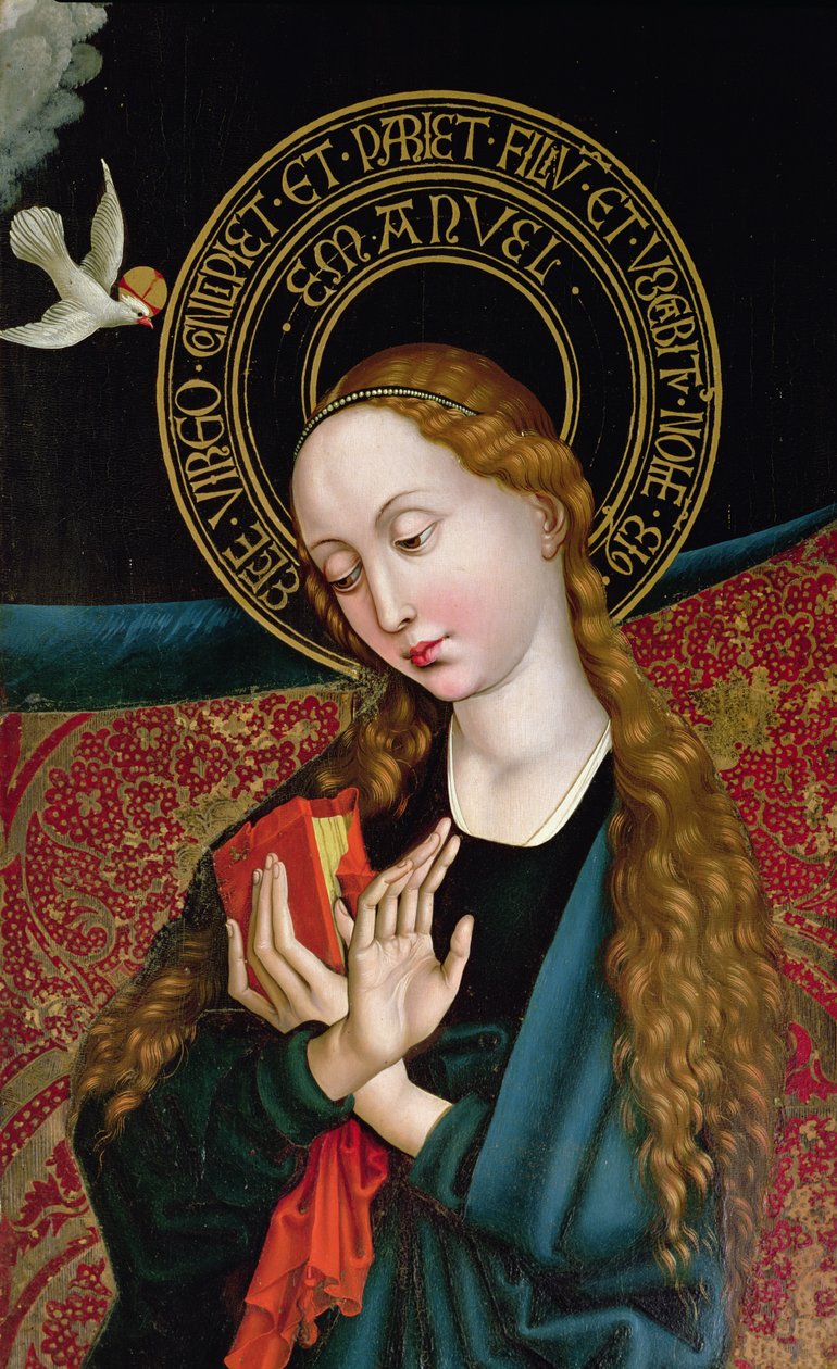 Detail van de Maagd uit de Annunciatie, van het Orlier Altaarstuk, c.1468-70 door Martin Schongauer
