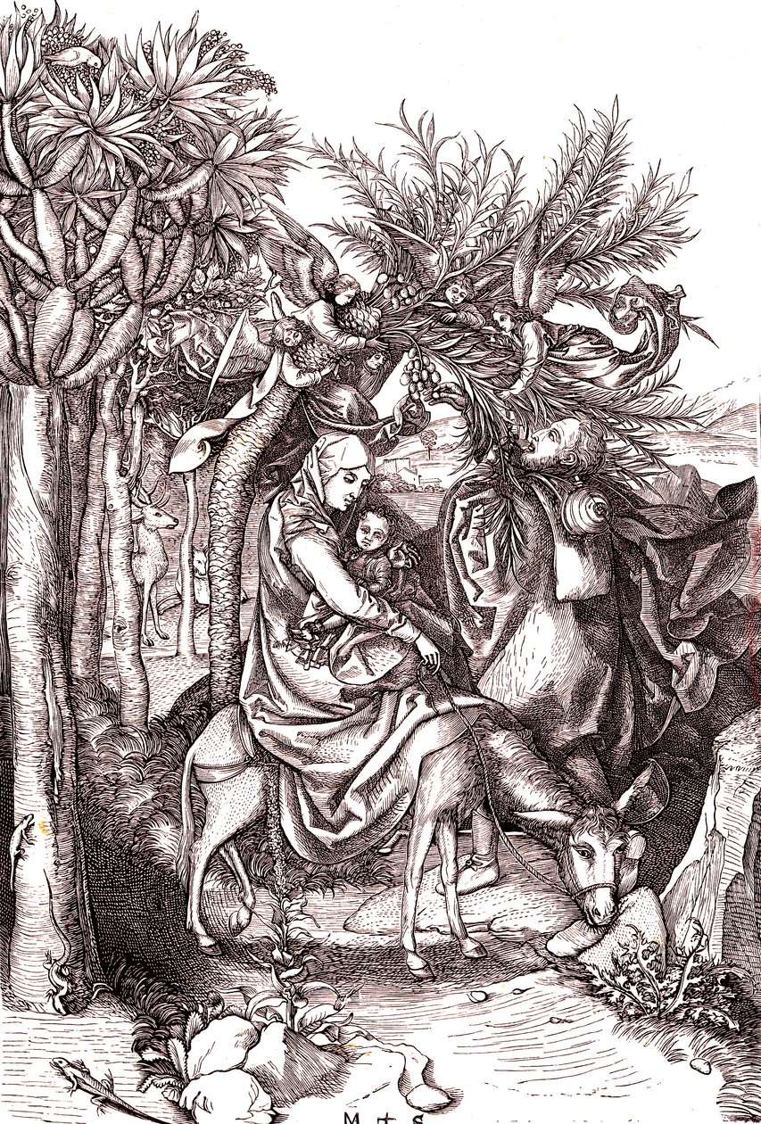 De vlucht naar Egypte, de Heilige Familie door Martin (after) Schongauer
